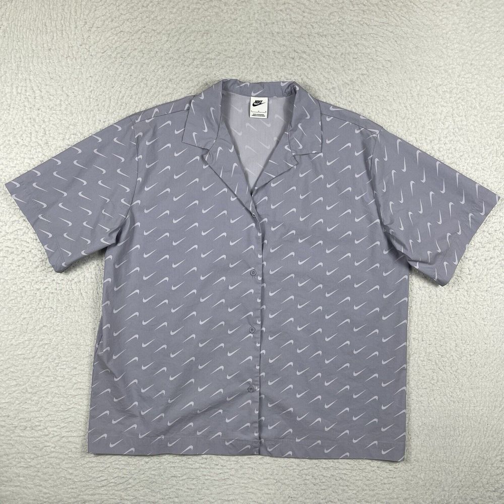 Nike Shirt Womens Large Indigo Haze NSW Everyday MOD Woven AOP Swoosh Ladies Top